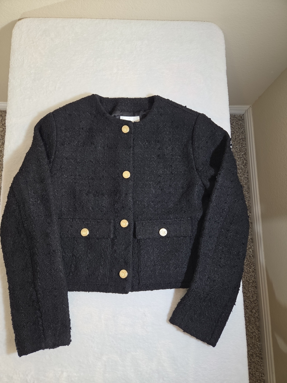 Abercrombie & Fitch Black Collarless Tweed Jacket Gold Buttons Size M - Picture 4 of 12